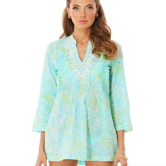 Lilly Pulitzer X-Small Sarasota Tunic Blouse Blue Green Get Crackin 3/4 Sleeve - Picture 1 of 8